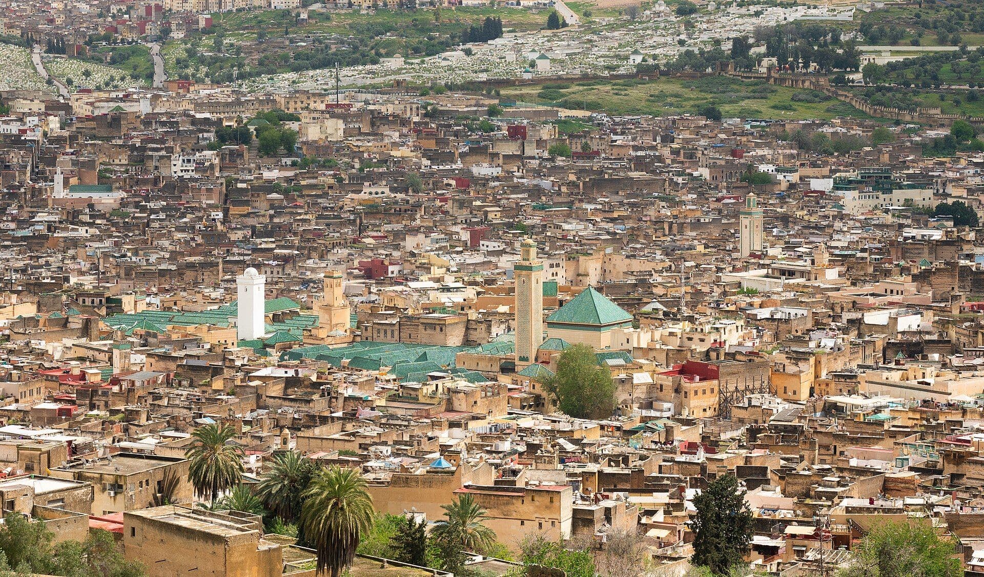 View over the densely built medina of Fes with minarets and green roofs