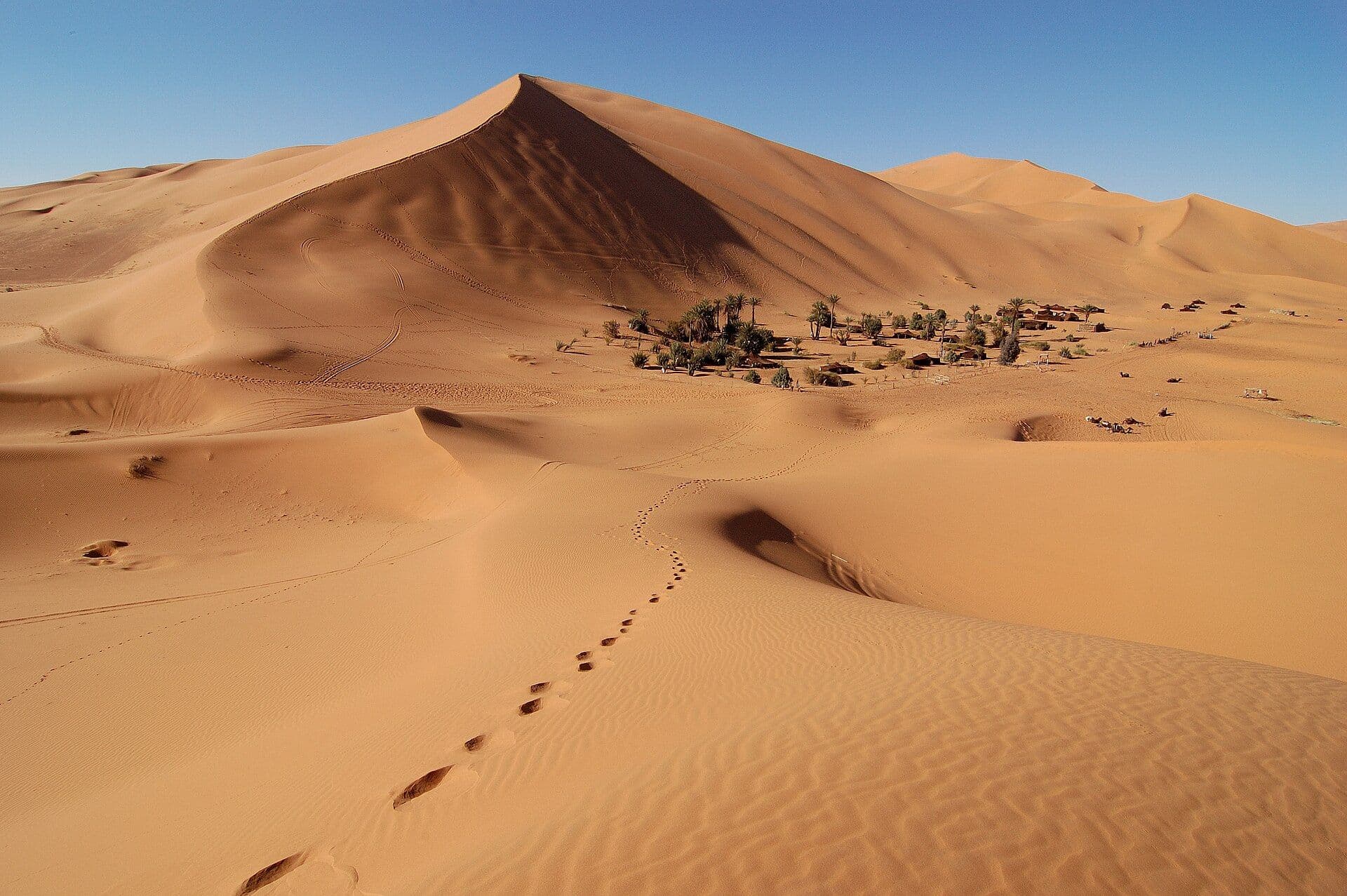 A tent camp at the foot of tall sand dunes in the Sahara